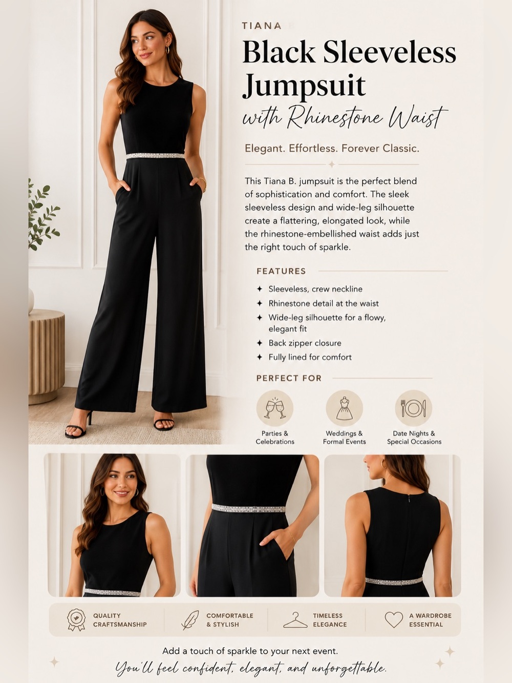 Tiana B. Black Sleeveless Jumpsuit with Rhinestone Waist